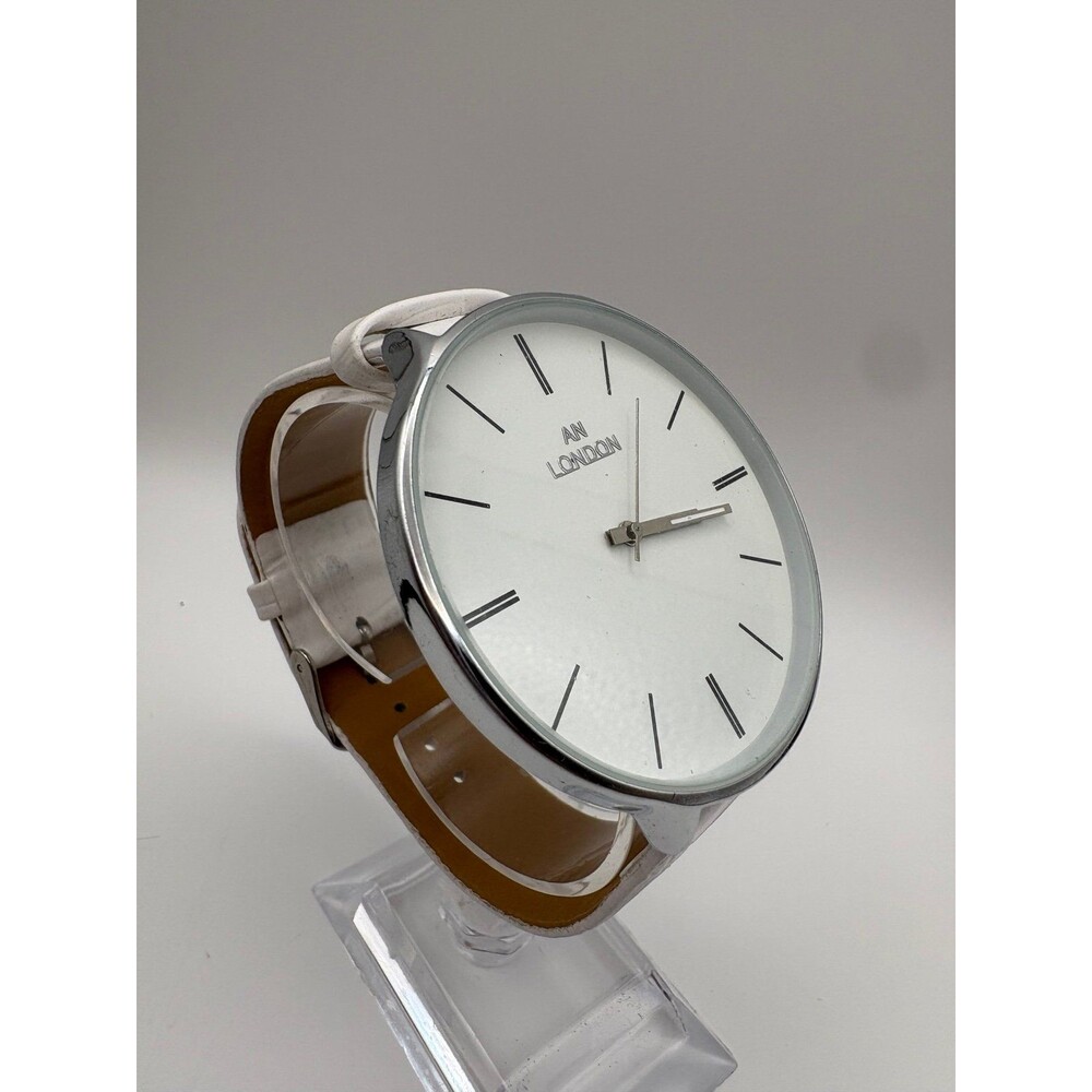 AN London Women's Silver-Tone Quartz Watch White Dial Faux Leather Strap
